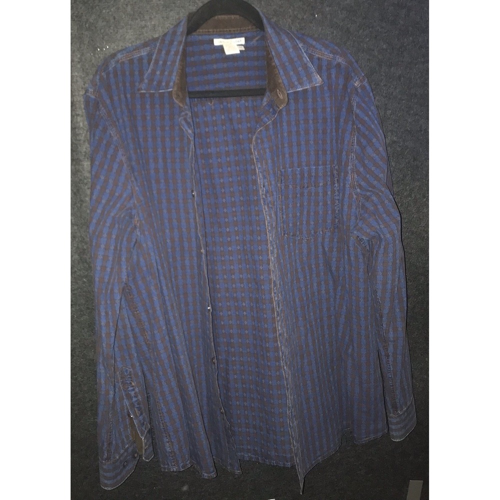 Carbon2Cobalt Shirt XL Mens Blue Brown Plaid Check Button Up Cotton Long Sleeve - Picture 3 of 11